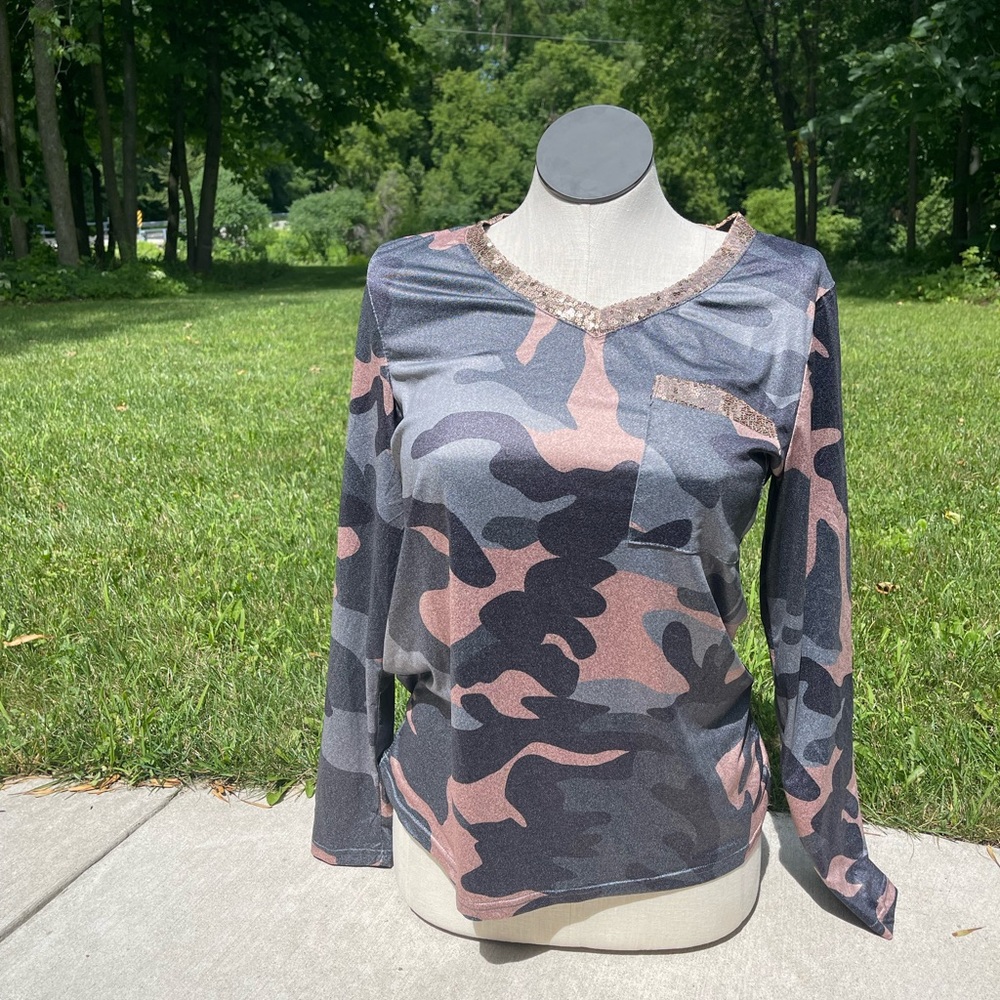 Camo sparkly long sleeve top